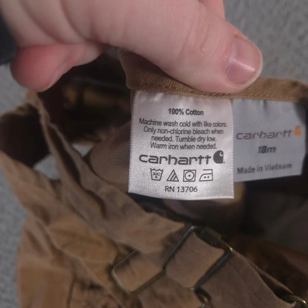Carhartt Overalls Girls 18M Brown Canvas Bib Shortall Ruffle Trim Heart Buttons